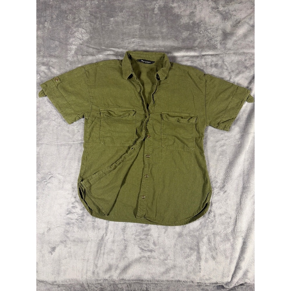 Zara Womens Olive Green Linen Blend Short Sleeve Button Down Utility Shirt M